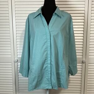 Basic Editions Retro Blue Striped Button Down Relaxed Blouse Women 3X